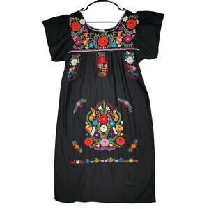Mexican Campesina Maxi‎ Dress M Women Black Red Purple Blue Floral Embroider vtg